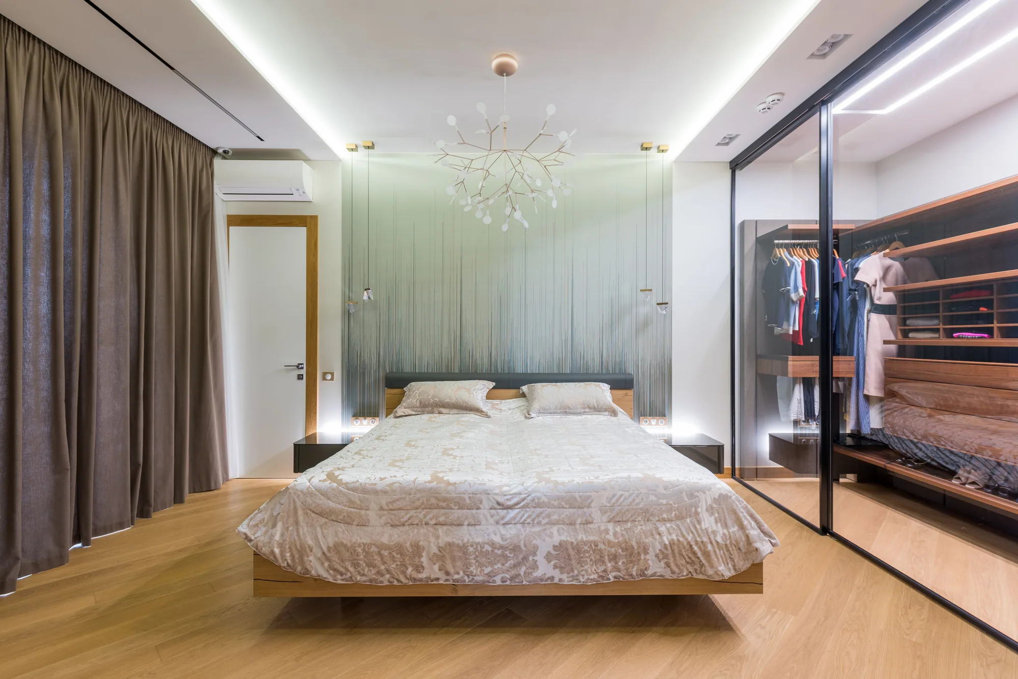 Bedroom with glass wardrobe — design inspiration